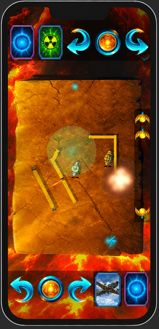 The lava arena: each player has controls and two ability cards at their own end of the phone.