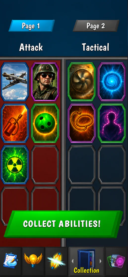 The ability collection, split into Attack and Tactical cards.