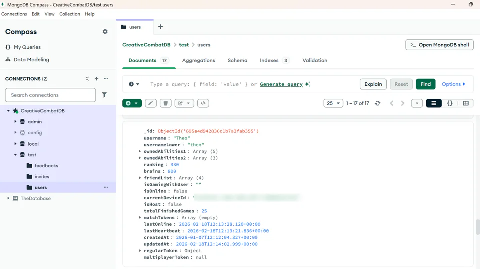 A user document in MongoDB Compass with abilities, ranking, brains, friend list and heartbeat fields.