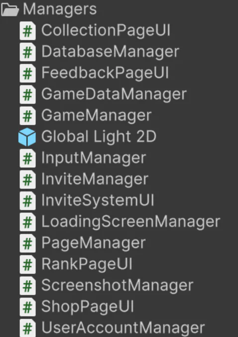 Unity Managers folder: database, game, game-data, input, invite, loading-screen, page and account managers, plus UI scripts for the shop, rank, collection and feedback pages.
