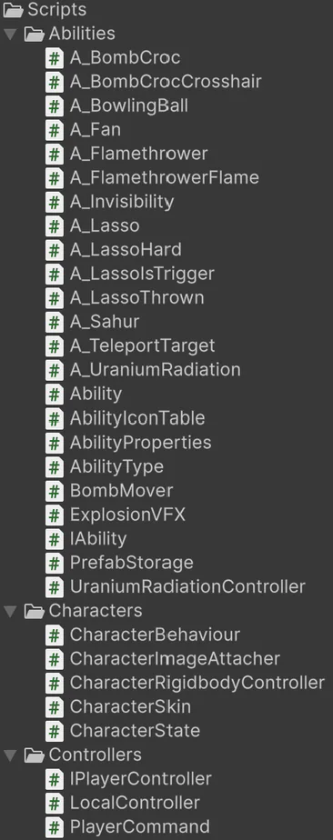 Unity script folders: Abilities, Characters and Controllers.