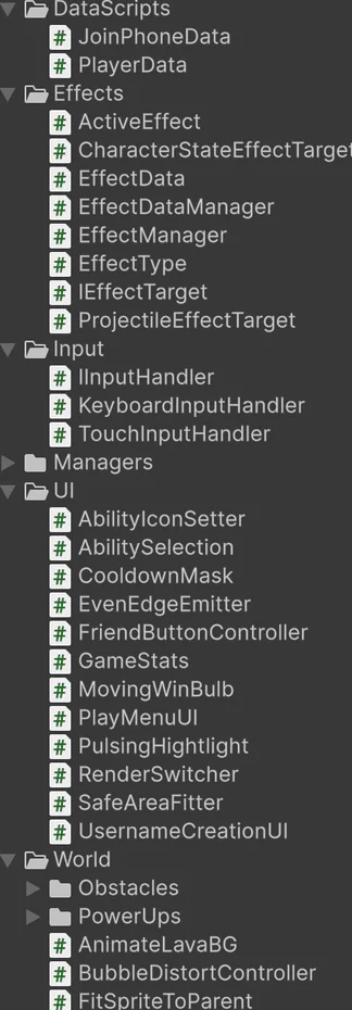 Unity script folders: DataScripts, Effects, Input, UI and World.