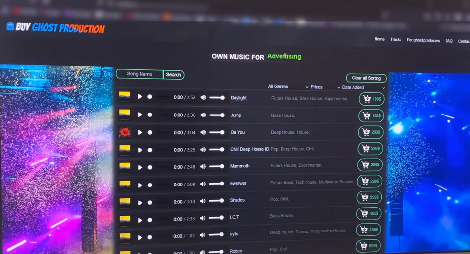 Photo of a monitor showing the 'Buy Ghost Production' tracks page with search, genre and price filters and a list of tracks with audio players and prices.