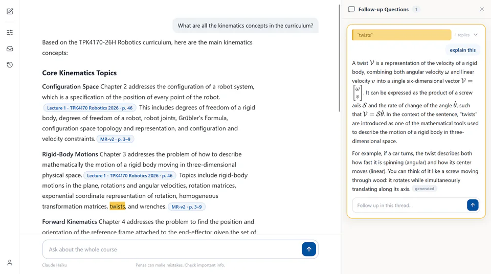 An answer listing kinematics concepts with citation chips such as 'Lecture 1 · p. 46', and a side panel explaining the highlighted word 'twists'.