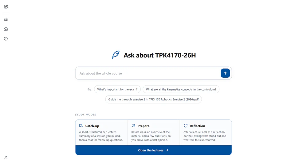 Pensa course home for TPK4170 with a question box, suggested questions and three study modes: Catch-up, Prepare and Reflection.
