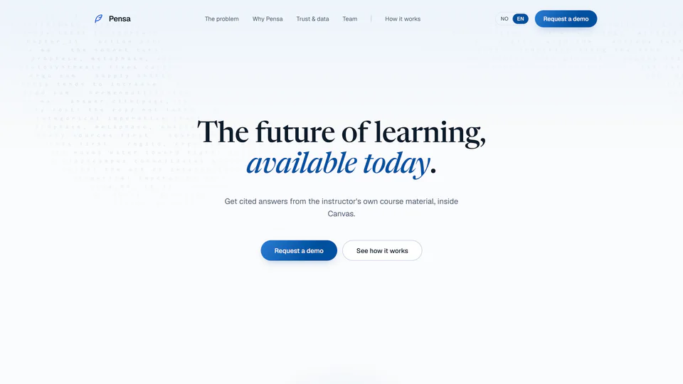 The pensa.no landing page: 'The future of learning, available today.'