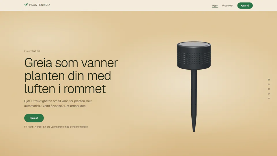 Plantegreia home page in Norwegian with a 3D render of a dark graphite plant stake on a warm beige background.