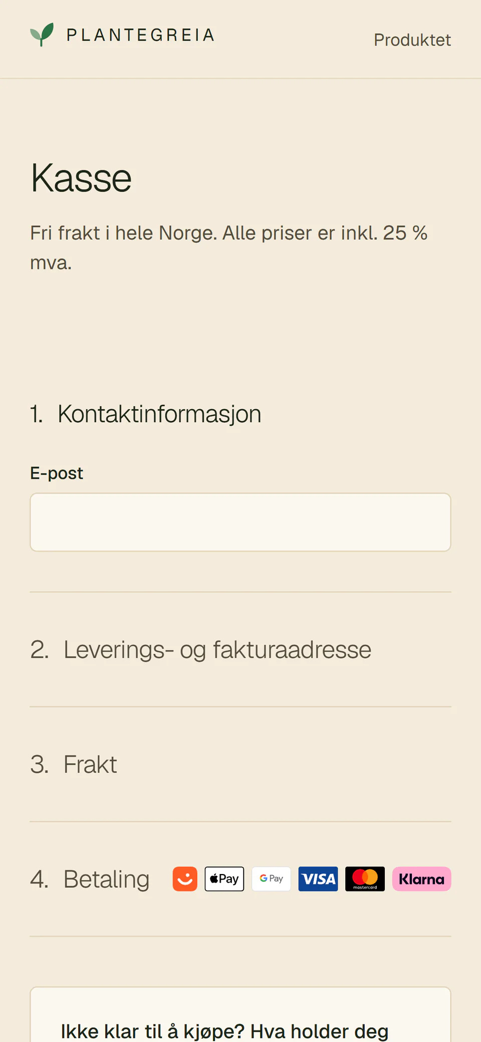 Phone view of the four-step checkout: contact, address, shipping and payment.