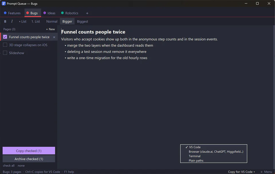 The Bugs tab with the copy-mode menu open, listing VS Code, Browser, Terminal and Plain paths.