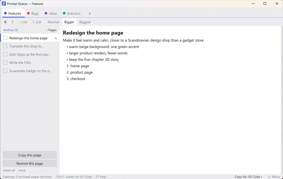 Prompt Queue in its light theme, showing the archive of finished feature prompts.